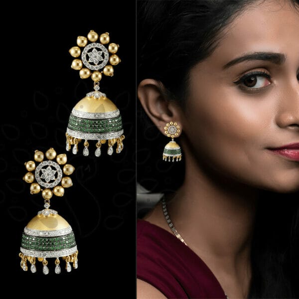 Imperial Diamond Jhumka Earrings with Tsavorites made from VVS EF diamond quality with 1.96 carat diamonds