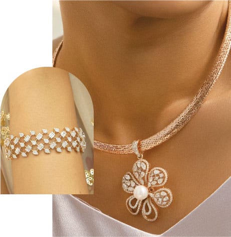 A modern woman wearing make a wish customized diamond necklace with pearl, and diamond bangle.
