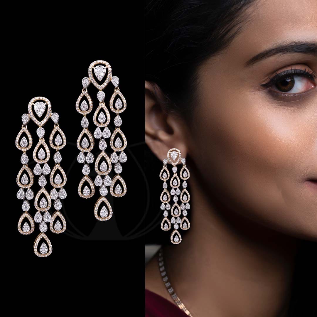 Two frames showcasinng Debonair Diamond Earrings, with one frame showing a girl wearinng it.