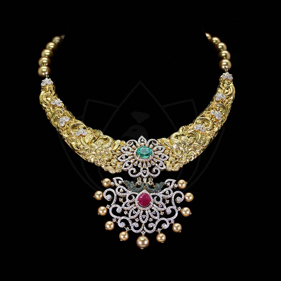  Close up shot of a Regal Opulence Necklace kept in front of a dark background.