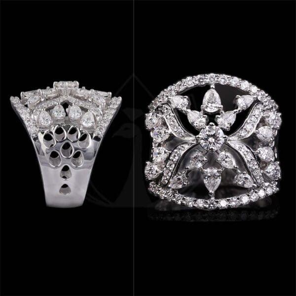 Infinite grace diamond ring with pear and round shape diamonds.