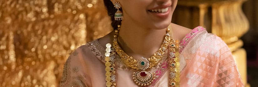 Close up shot of a woman wearing beautiful diamond necklace, haram and earring
