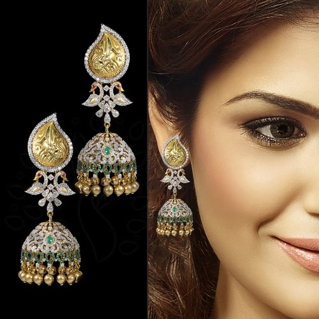 A female model wearing traditional Jhumka earring from Khwaahish Diamond Jewellery
