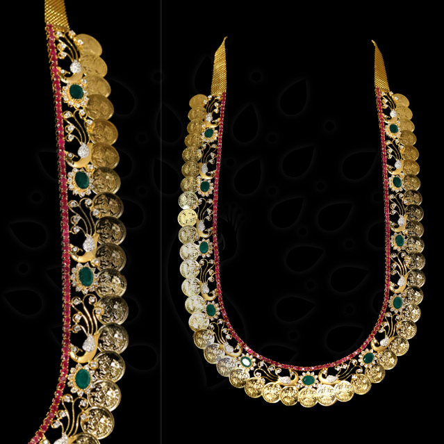 Closeup view of traditional kaasu maalai, embellished with emerald, ruby and natural diamonds.