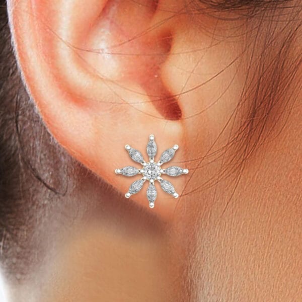 Human wearing the 0.15 Ct Captivating Chloris Solitaire Diamond Earrings