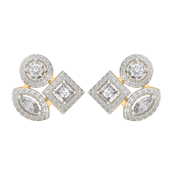 View of the 0.15 Ct Lovely Lachesis Solitaire Earrings In Yellow Gold For Women (Halo) in close up