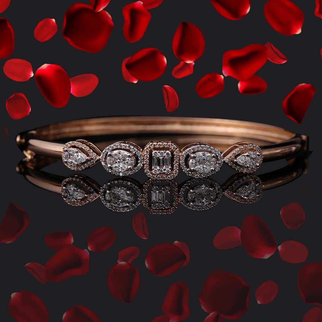 Close up shot of a Diamond ring kept before a black background and among rose petals.