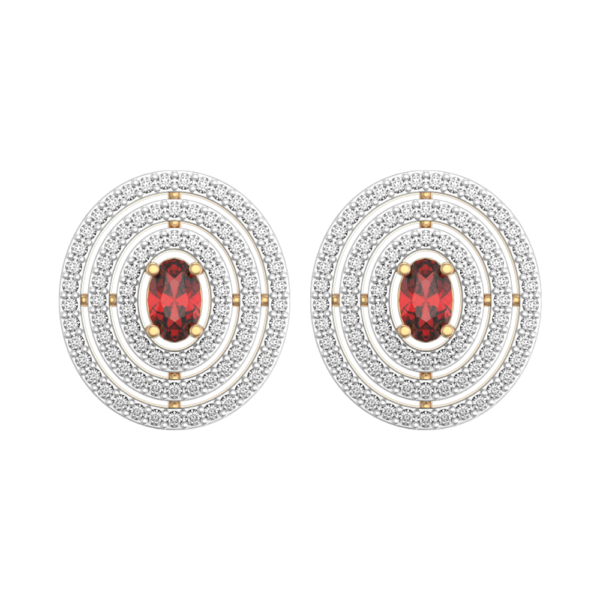 View of the Concentric Carmine Diamond Earrings in close up
