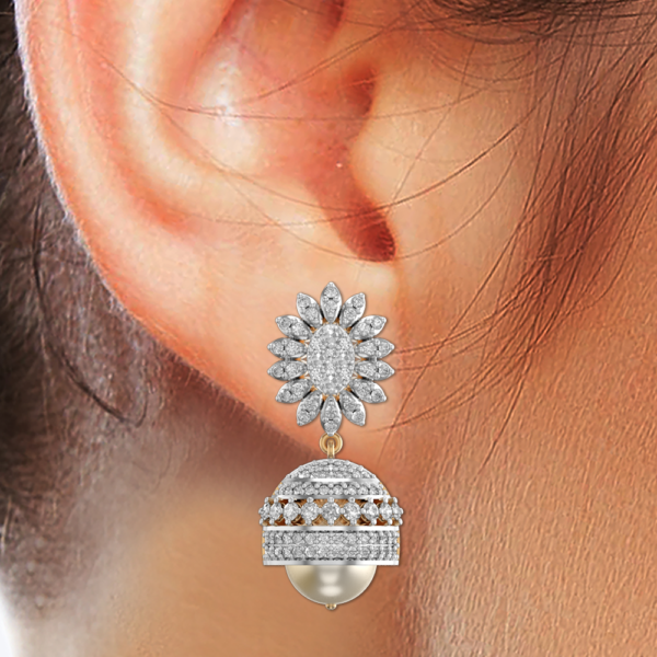 Human wearing the Coral Coreopsis Diamond Jhumka Earrings