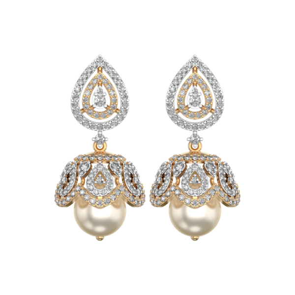 View of the Dreamy Droplets Diamond Jhumka Earrings in close up