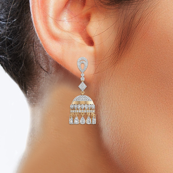 Human wearing the Endearing Enchantments Diamond Jhumka Earrings