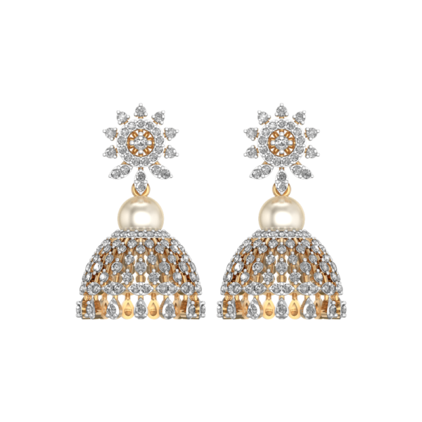 View of the Floral Raindrops Diamond Jhumka Earrings in close up