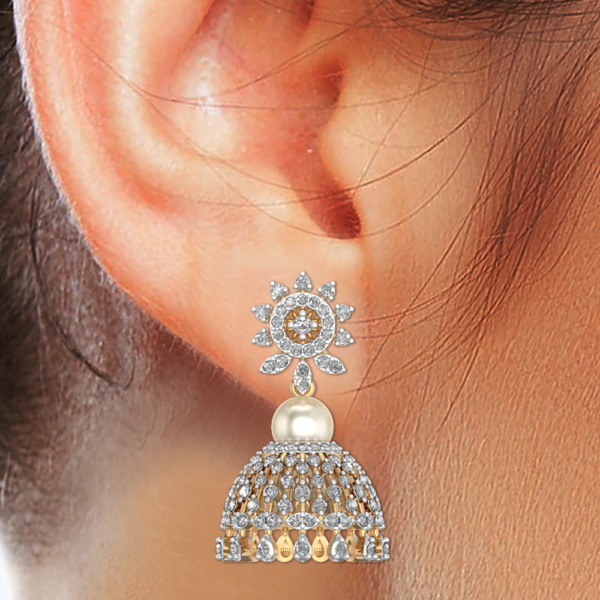 Human wearing the Floral Raindrops Diamond Jhumka Earrings