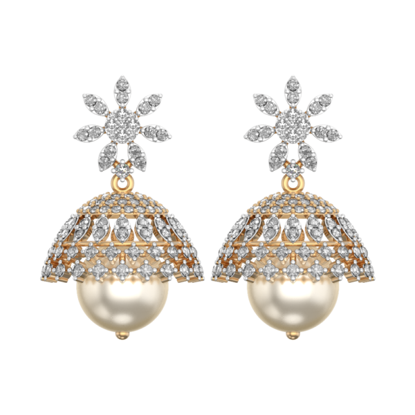 View of the Glorious Blossom Diamond Jhumka Earrings in close up