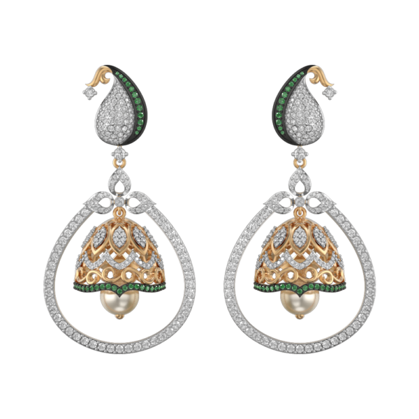 View of the Luminescent Lantern Diamond Jhumka Earrings in close up