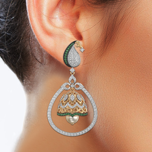 Human wearing the Luminescent Lantern Diamond Jhumka Earrings