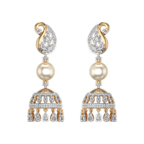 View of the Paisley Plantae Diamond Jhumka Earrings in close up