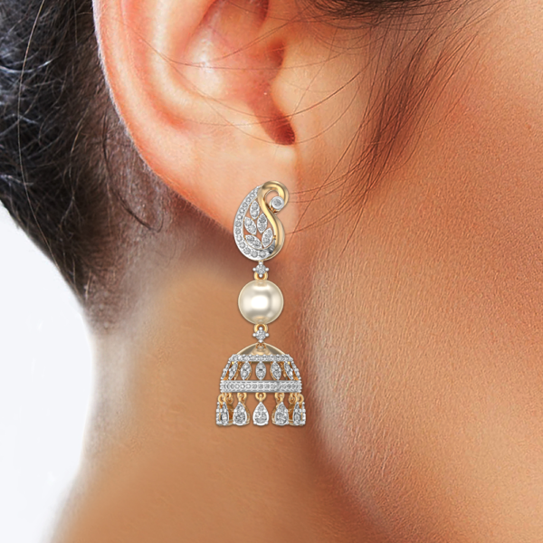 Human wearing the Paisley Plantae Diamond Jhumka Earrings