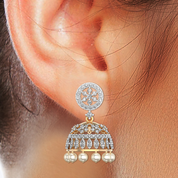 Human wearing the Royal Aura Diamond Jhumka Earrings