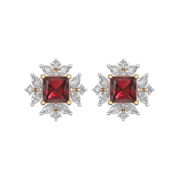 View of the Scintillating Red Topaz And Diamond Earrings in close up