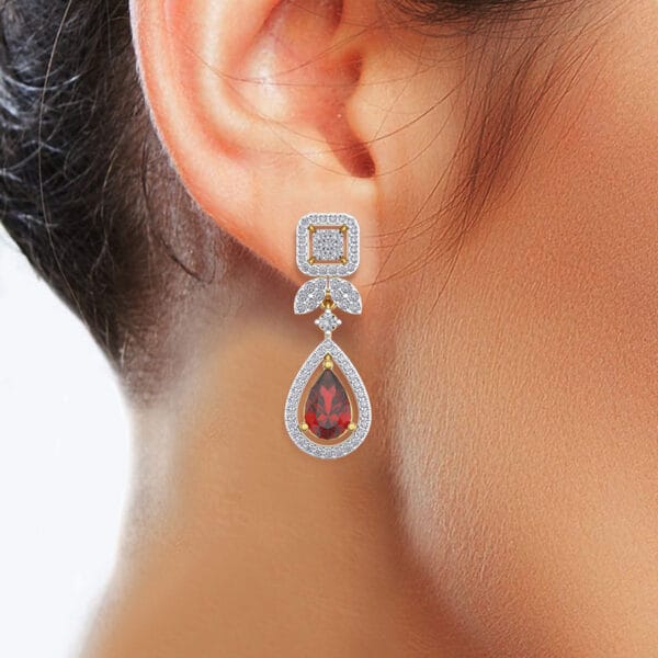 Human wearing the Soulful Scarlet Diamond Earrings