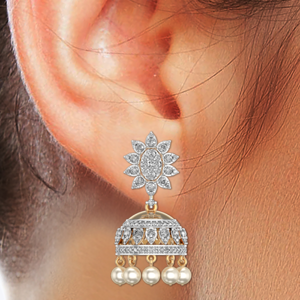 Human wearing the Splendorous Zinnia Diamond Jhumka Earrings