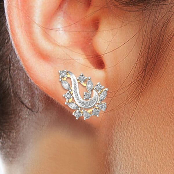 Human wearing the Winsome Whorls Diamond Earrings