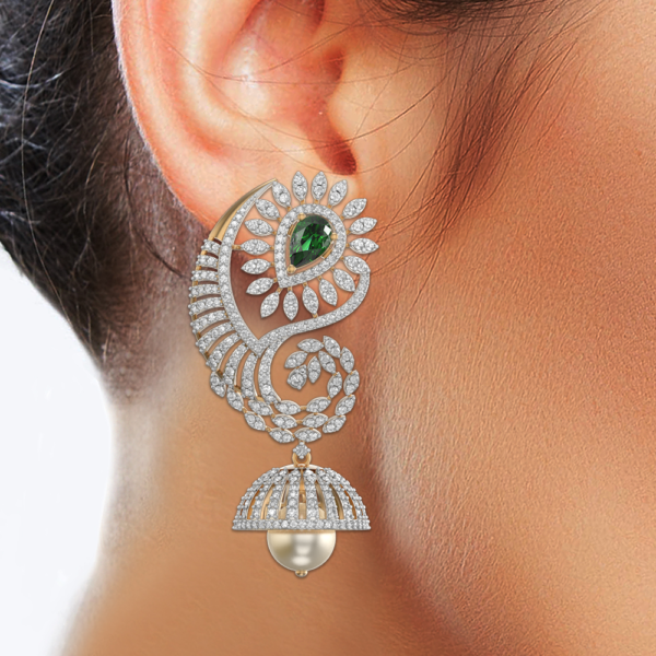 Human wearing the Dreamy Paisley Jhumka Diamond Earrings