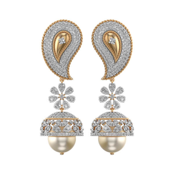 View of the Paisley Panache Jhumka Diamond Earrings in close up