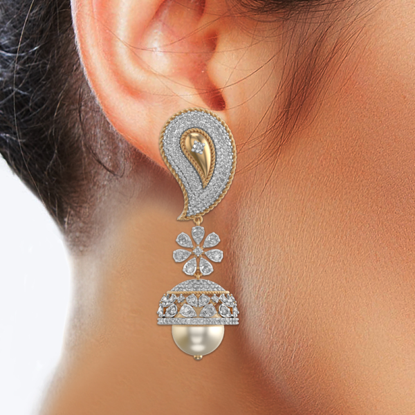 Human wearing the Paisley Panache Jhumka Diamond Earrings