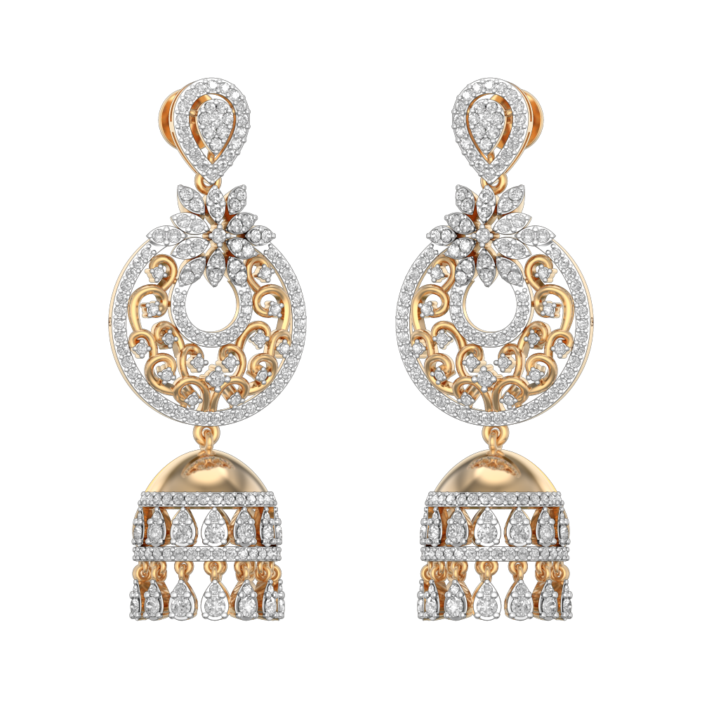 Royal Festival Jhumka Diamond Earrings made from VVS EF diamond quality with 3.74 carat diamonds