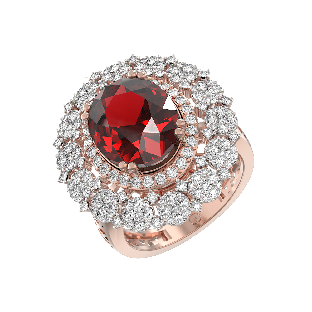 Vermilion vibrance diamond ring in pink gold, and oval Red quartz.