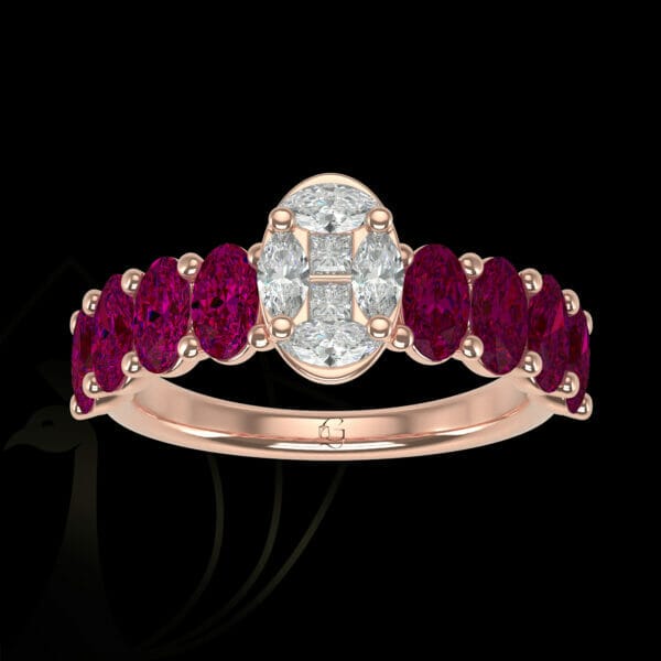 The blush surprise diamond ring with oval solitaire-look precious garnets set in 18K rose- gold.