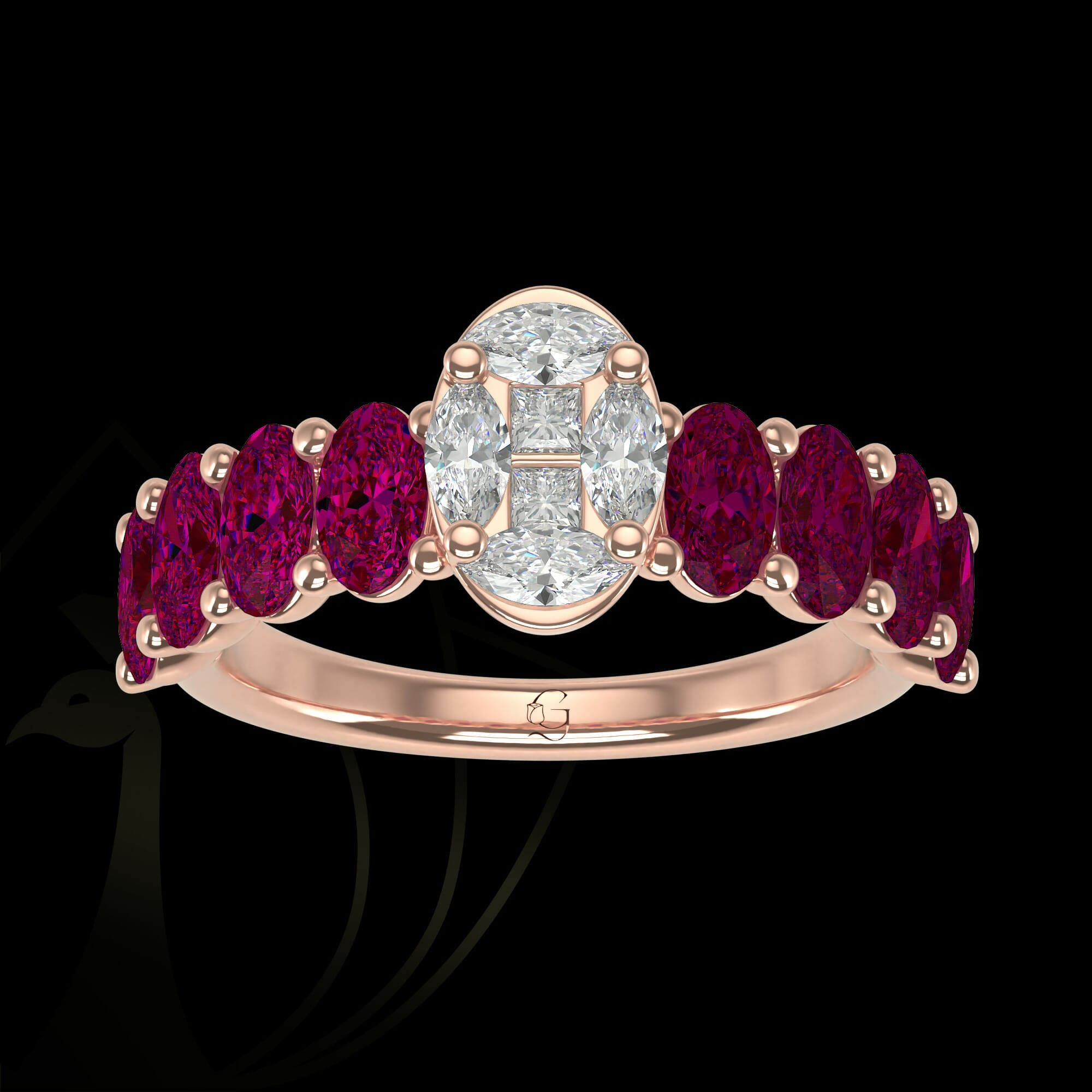 The blush surprise diamond ring with oval solitaire-look precious garnets set in 18K rose- gold.