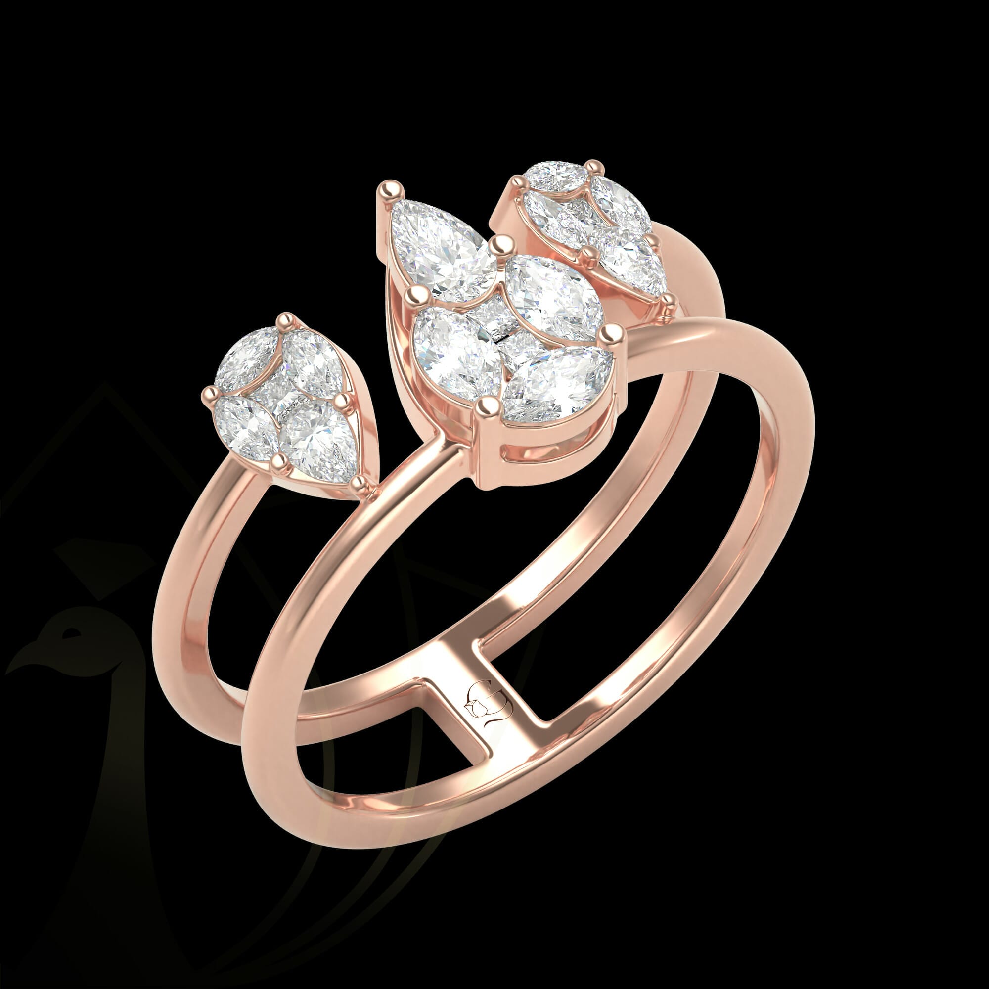 The glorious dazzle marquise and pear diamond ring in rose gold.