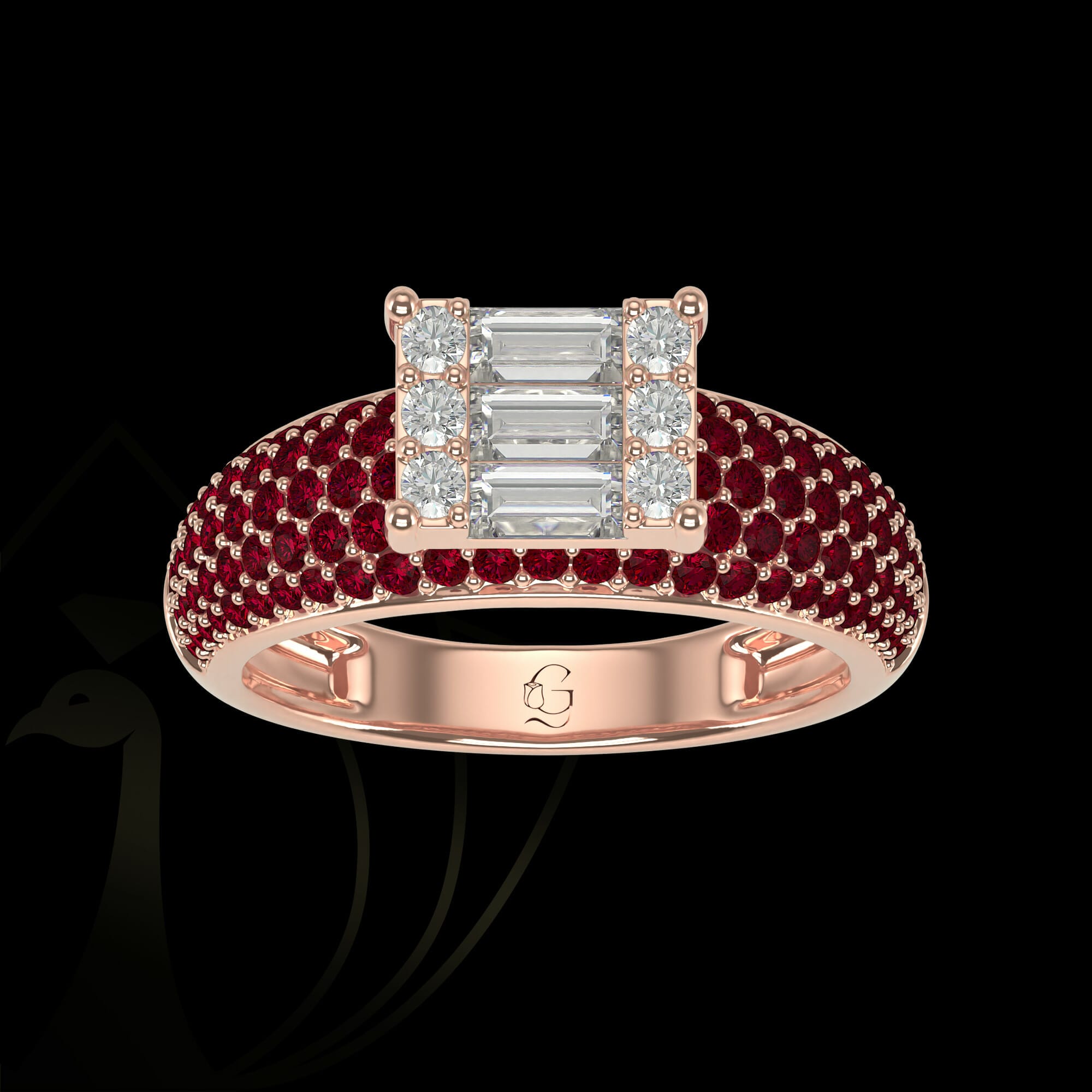 A diamond ring with emerald cut diamonds, a solitaire-look, and sparkling Swarovski Red gemstones.