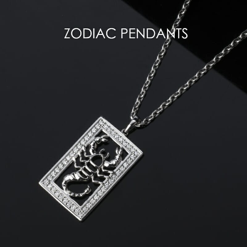 An elegant platinum chain with a diamond-studded Scorpion locket represents the Zodiac collection for men from the Pache collection.