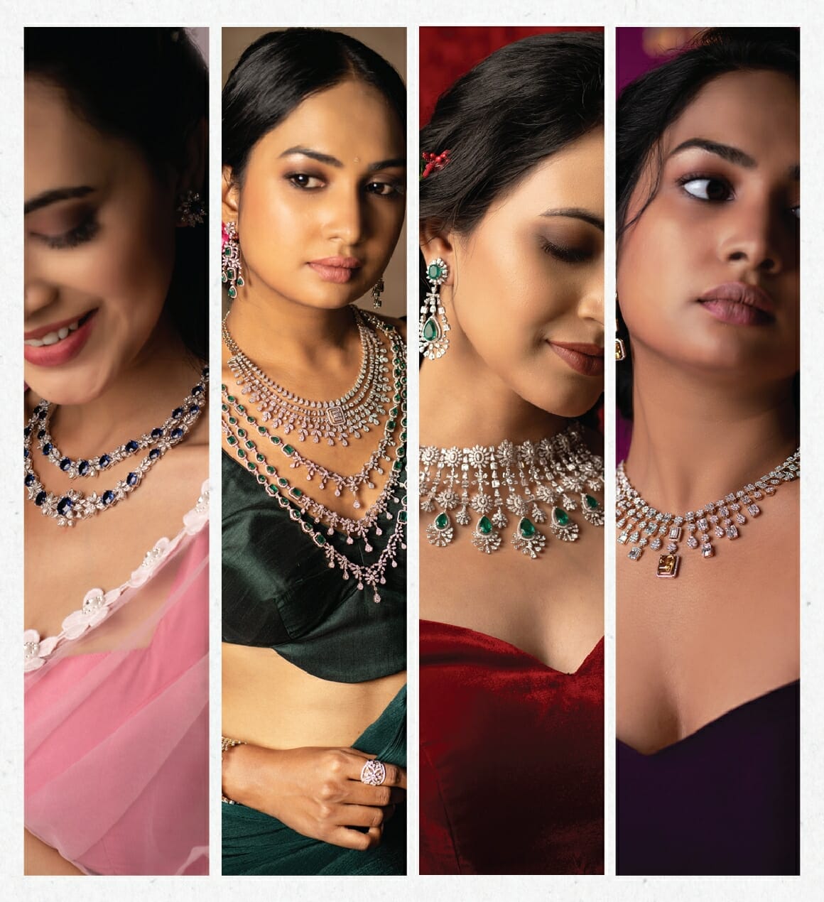 A collage of beautiful women wearing diamond bridal necklace designs by Khwaahish.